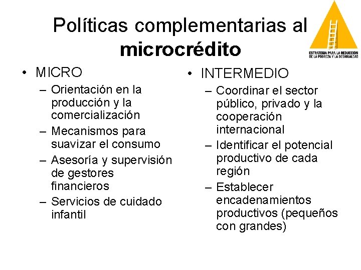 Políticas complementarias al microcrédito • MICRO – Orientación en la producción y la comercialización