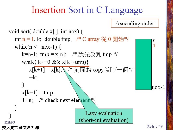 Insertion Sort in C Language Ascending order void sort( double x[ ], int nox)