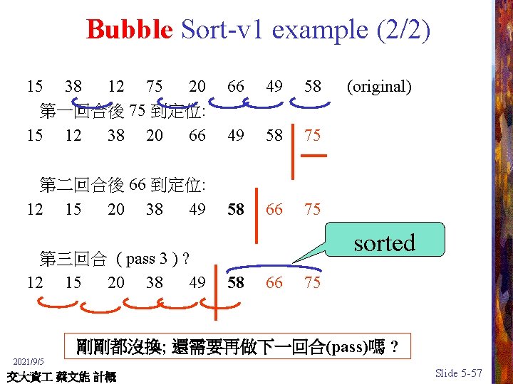 Bubble Sort-v 1 example (2/2) 15 38 12 75 20 第一回合後 75 到定位: 15