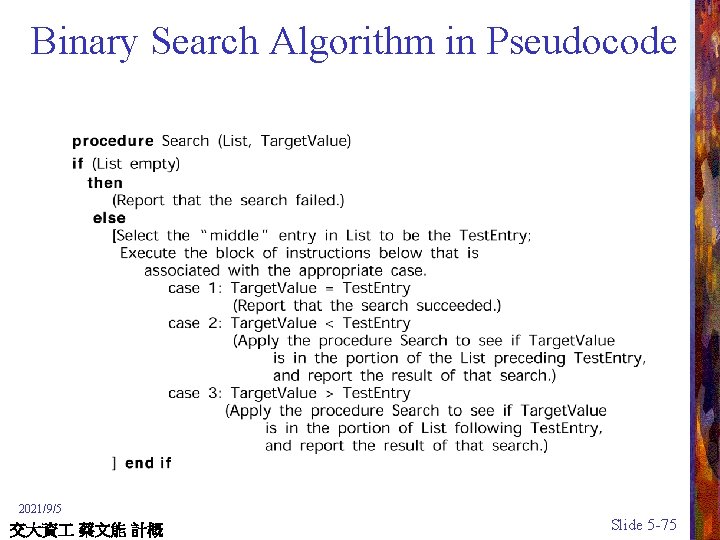 Binary Search Algorithm in Pseudocode 2021/9/5 交大資 蔡文能 計概 Slide 5 -75 