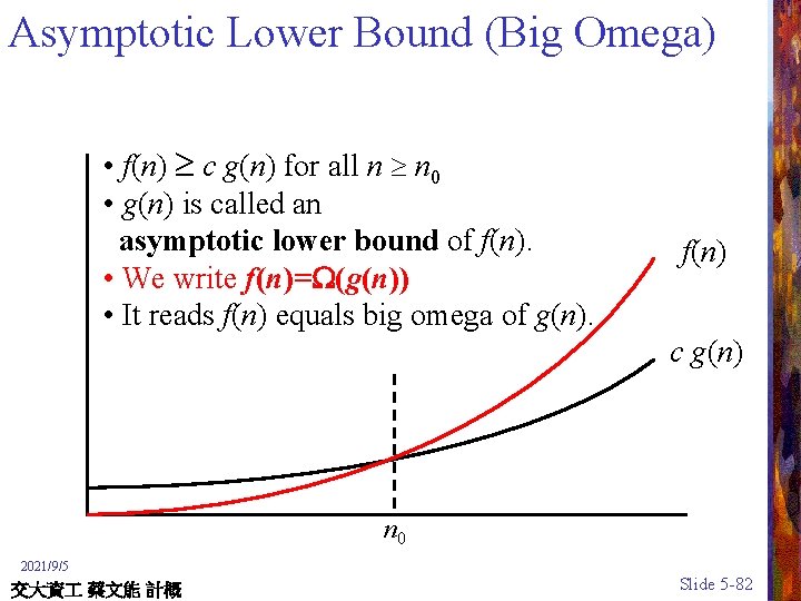 Asymptotic Lower Bound (Big Omega) • f(n) c g(n) for all n n 0