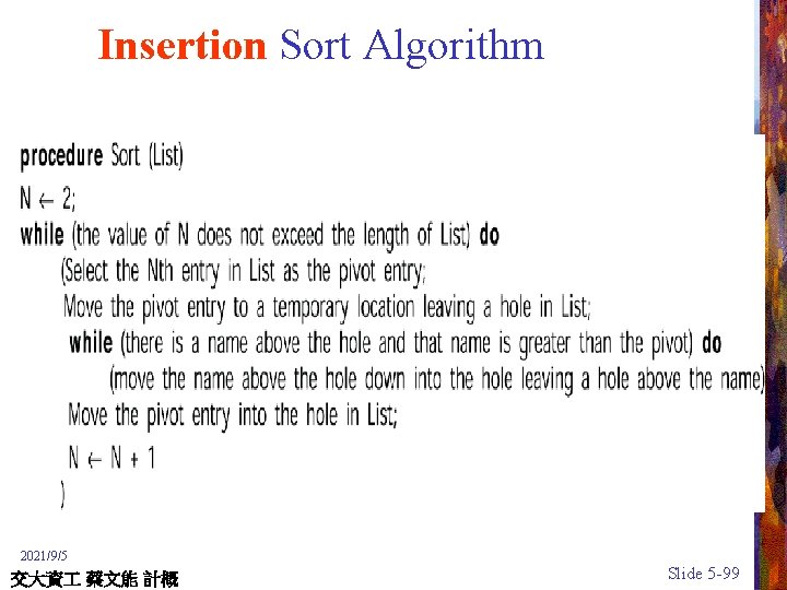 Insertion Sort Algorithm 2021/9/5 交大資 蔡文能 計概 Slide 5 -99 