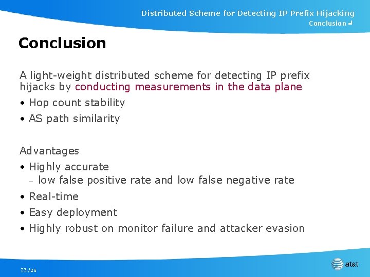 Distributed Scheme for Detecting IP Prefix Hijacking Conclusion ╛ Conclusion A light-weight distributed scheme