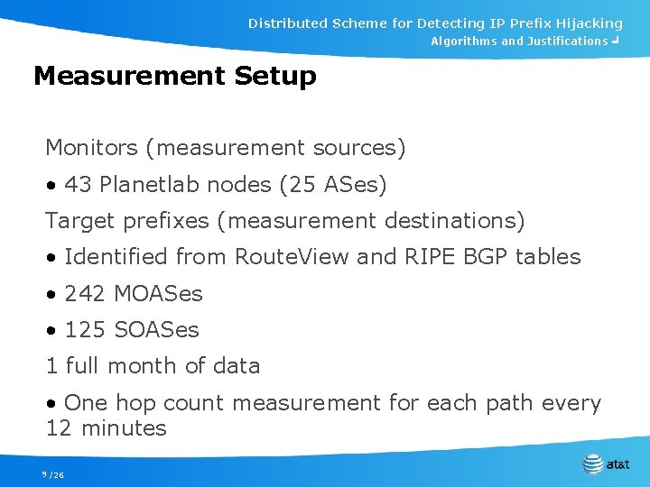 Distributed Scheme for Detecting IP Prefix Hijacking Algorithms and Justifications ╛ Measurement Setup Monitors