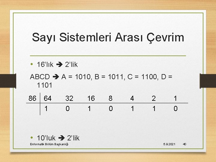 Sayı Sistemleri Arası Çevrim • 16’lık 2’lik ABCD A = 1010, B = 1011,