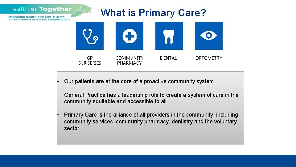 What is Primary Care? GP SURGERIES COMMUNITY PHARMACY DENTAL OPTOMETRY • Our patients are