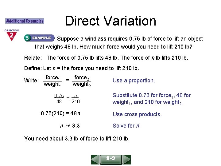 ALGEBRA 1 LESSON 8 -9 Direct Variation Suppose a windlass requires 0. 75 lb