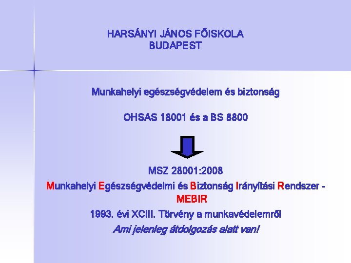 HARSÁNYI JÁNOS FŐISKOLA BUDAPEST Munkahelyi egészségvédelem és biztonság OHSAS 18001 és a BS 8800