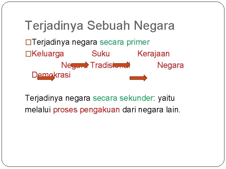 Terjadinya Sebuah Negara �Terjadinya negara secara primer �Keluarga Suku Kerajaan Negara Tradisional Negara Demokrasi