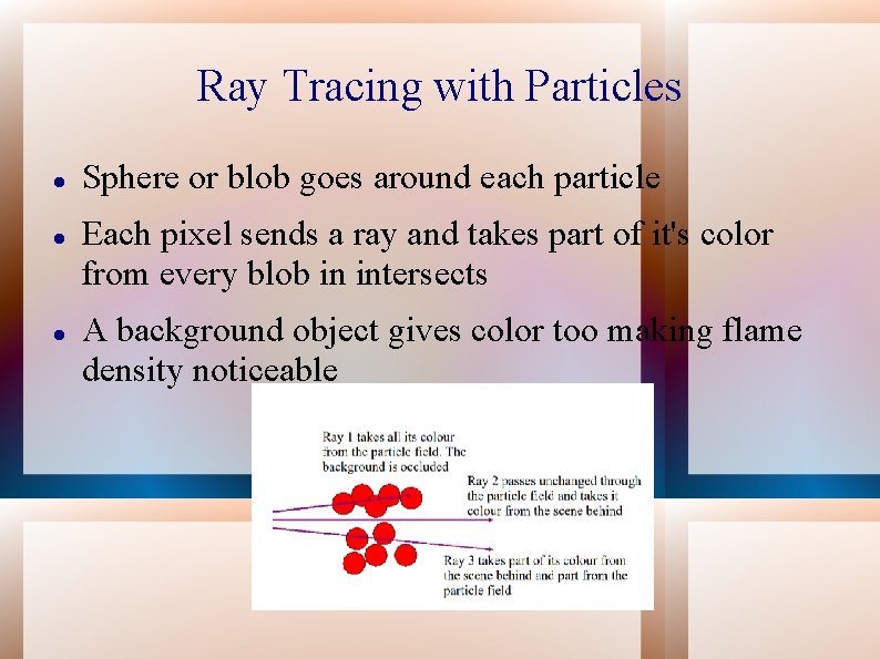 Ray Tracing with Particles Sphere or blob goes around each particle Each pixel sends