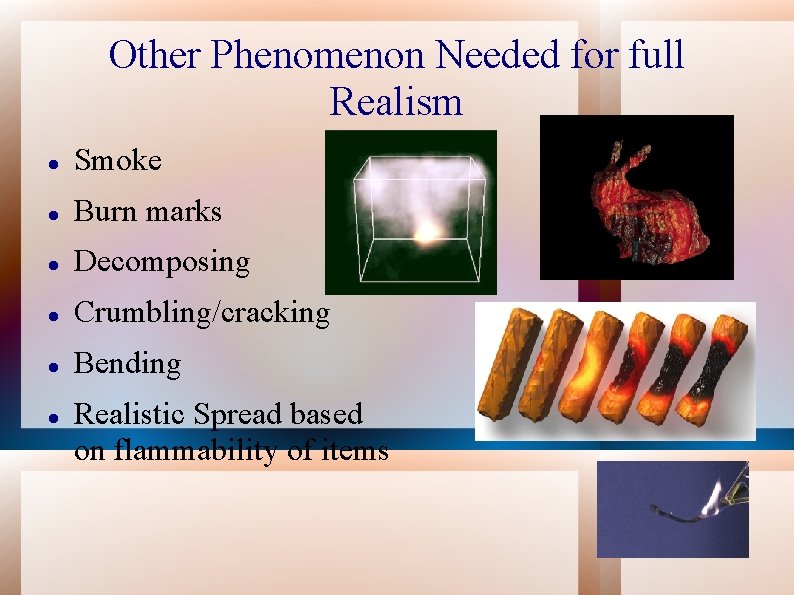Other Phenomenon Needed for full Realism Smoke Burn marks Decomposing Crumbling/cracking Bending Realistic Spread