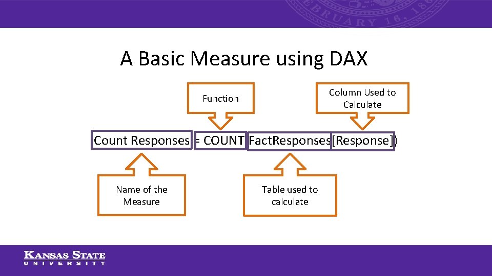A Basic Measure using DAX Column Used to Calculate Function Count Responses = COUNT(Fact.