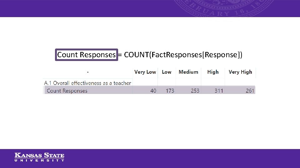 Count Responses = COUNT(Fact. Responses[Response]) 