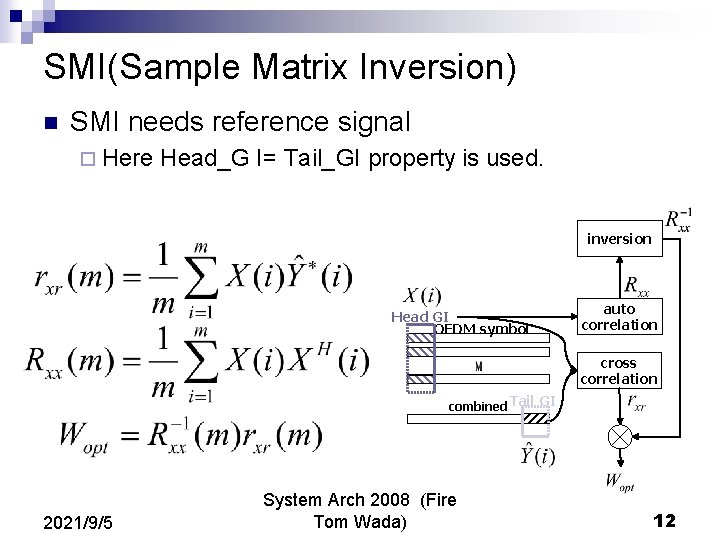 SMI(Sample Matrix Inversion) n SMI needs reference signal ¨ Here Head_G I= Tail_GI property SMI(Sample Matrix Inversion) n SMI needs reference signal ¨ Here Head_G I= Tail_GI property