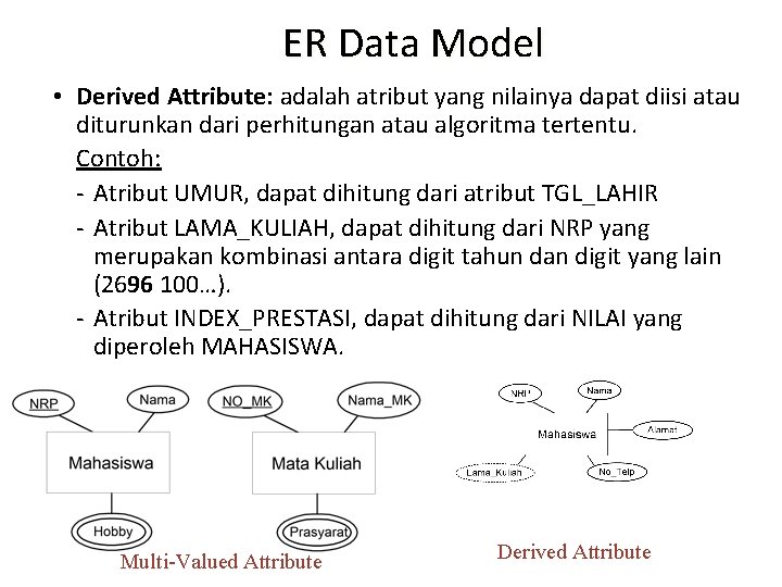 ER Data Model • Derived Attribute: adalah atribut yang nilainya dapat diisi atau diturunkan ER Data Model • Derived Attribute: adalah atribut yang nilainya dapat diisi atau diturunkan