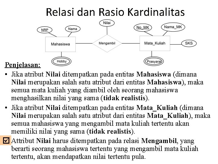 Relasi dan Rasio Kardinalitas Penjelasan: • Jika atribut Nilai ditempatkan pada entitas Mahasiswa (dimana Relasi dan Rasio Kardinalitas Penjelasan: • Jika atribut Nilai ditempatkan pada entitas Mahasiswa (dimana