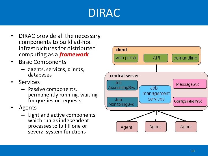 DIRAC • DIRAC provide all the necessary components to build ad-hoc infrastructures for distributed