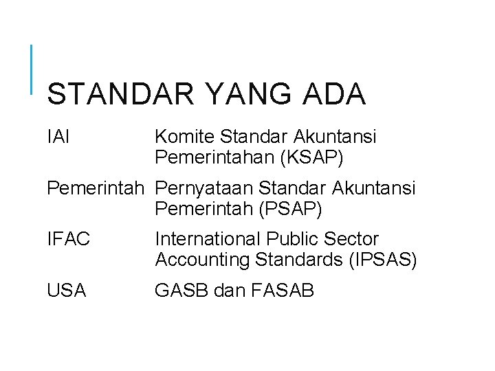 STANDAR YANG ADA IAI Komite Standar Akuntansi Pemerintahan (KSAP) Pemerintah Pernyataan Standar Akuntansi Pemerintah