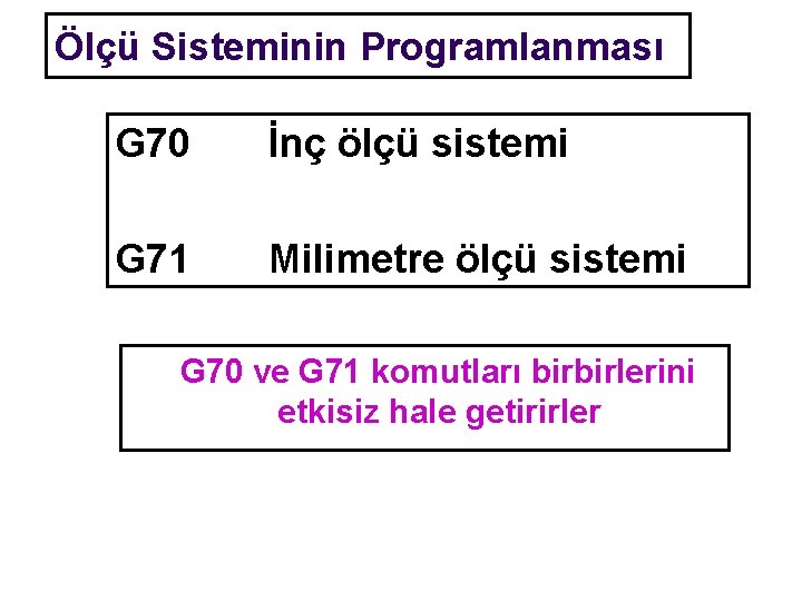 Ölçü Sisteminin Programlanması G 70 İnç ölçü sistemi G 71 Milimetre ölçü sistemi G