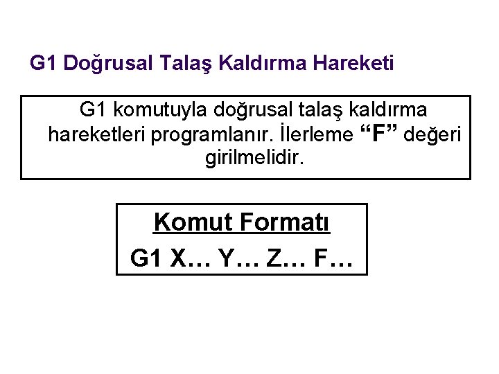 G 1 Doğrusal Talaş Kaldırma Hareketi G 1 komutuyla doğrusal talaş kaldırma hareketleri programlanır.