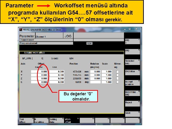 Parameter Workoffset menüsü altında programda kullanılan G 54…. 57 offsetlerine ait “X”, “Y”, “Z”