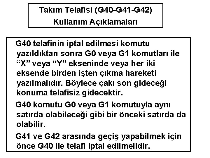 Takım Telafisi (G 40 -G 41 -G 42) Kullanım Açıklamaları G 40 telafinin iptal