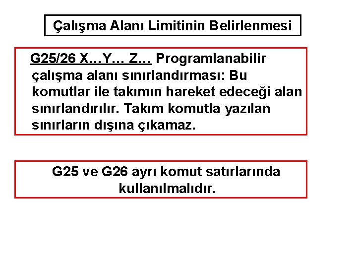 Çalışma Alanı Limitinin Belirlenmesi G 25/26 X…Y… Z… Programlanabilir çalışma alanı sınırlandırması: Bu komutlar