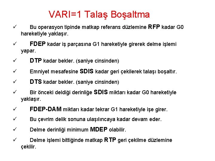 VARI=1 Talaş Boşaltma Bu operasyon tipinde matkap referans düzlemine RFP kadar G 0 hareketiyle