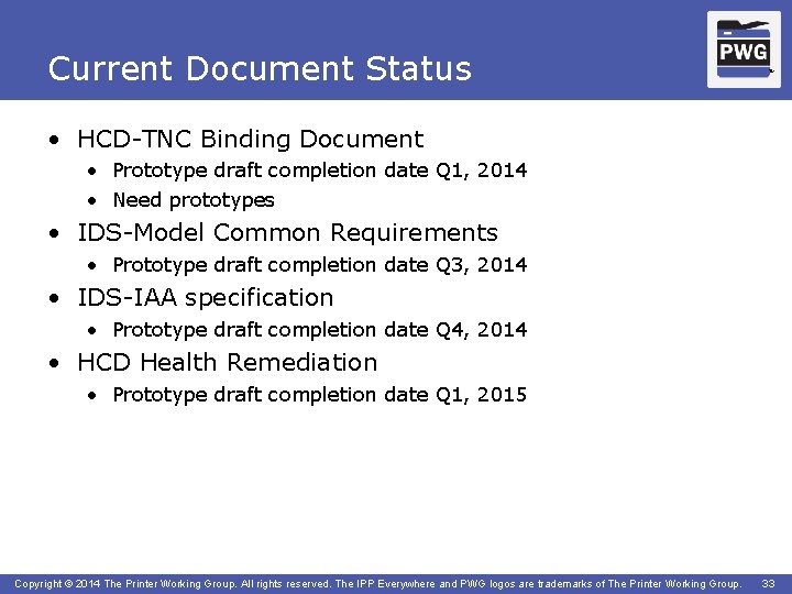Current Document Status TM • HCD-TNC Binding Document • Prototype draft completion date Q