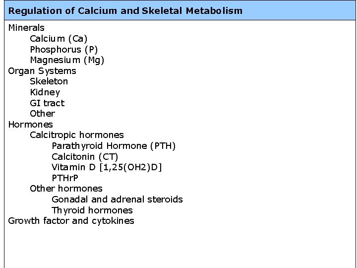 Regulation of Calcium and Skeletal Metabolism Minerals Calcium (Ca) Phosphorus (P) Magnesium (Mg) Organ