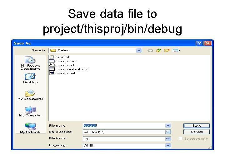 Save data file to project/thisproj/bin/debug 