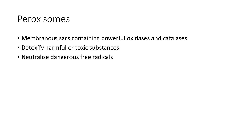 Peroxisomes • Membranous sacs containing powerful oxidases and catalases • Detoxify harmful or toxic