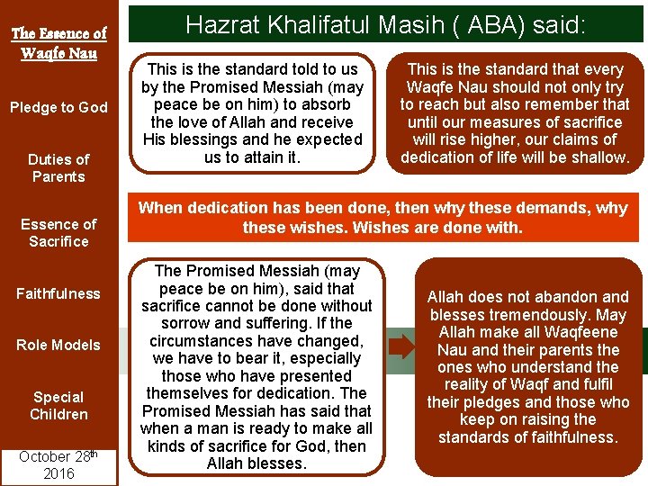 The Essence of Waqfe Nau Pledge to God Duties of Parents Essence of Sacrifice