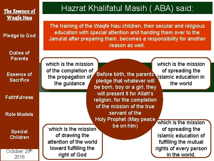 The Essence of Waqfe Nau Pledge to God Duties of Parents Essence of Sacrifice