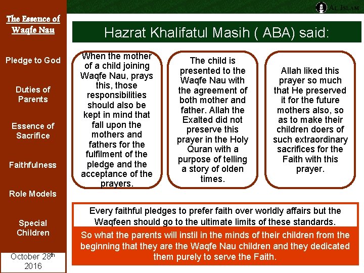 The Essence of Waqfe Nau Pledge to God Duties of Parents Essence of Sacrifice