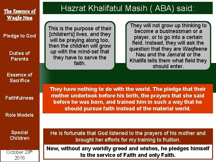 The Essence of Waqfe Nau Pledge to God Duties of Parents Hazrat Khalifatul Masih