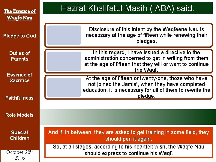 The Essence of Waqfe Nau Pledge to God Duties of Parents Essence of Sacrifice