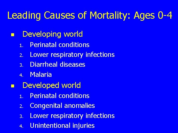 Leading Causes of Mortality: Ages 0 -4 n Developing world 1. 2. 3. 4.