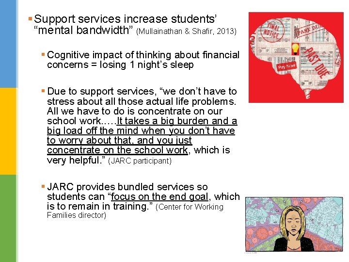 § Support services increase students’ “mental bandwidth” (Mullainathan & Shafir, 2013) § Cognitive impact