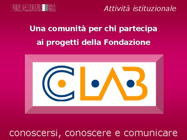 Attività istituzionale Una comunità per chi partecipa ai progetti della Fondazione conoscersi, conoscere e