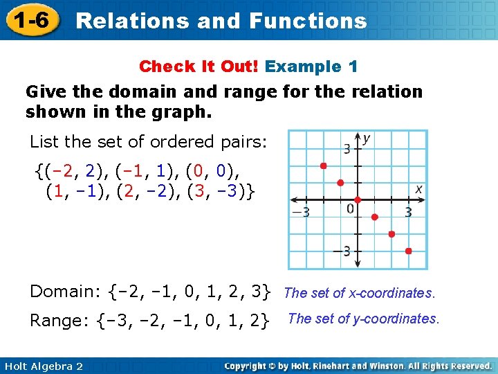 1 -6 Relations and Functions Check It Out! Example 1 Give the domain and