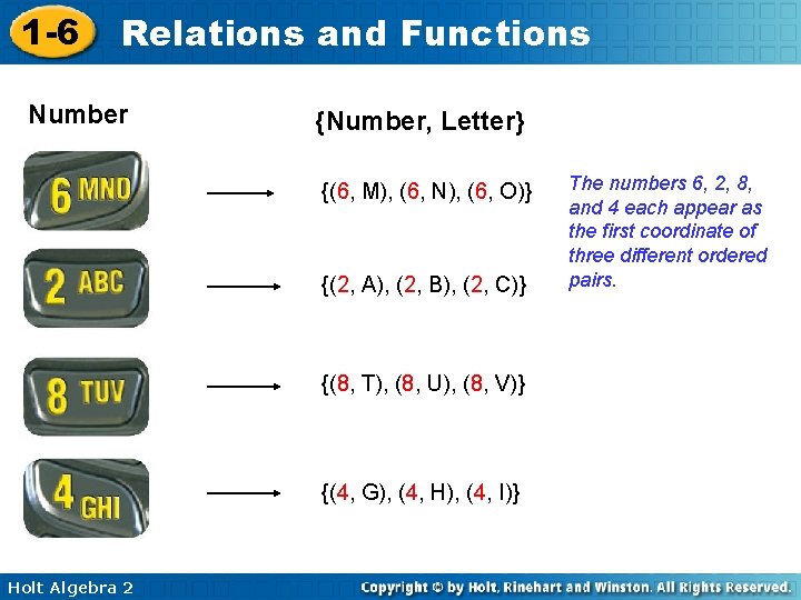 1 -6 Relations and Functions Number {Number, Letter} {(6, M), (6, N), (6, O)}
