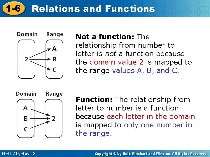 1 -6 Relations and Functions Not a function: The relationship from number to letter