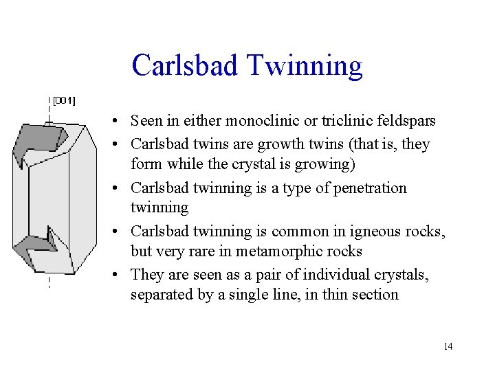 Carlsbad Twinning • Seen in either monoclinic or triclinic feldspars • Carlsbad twins are