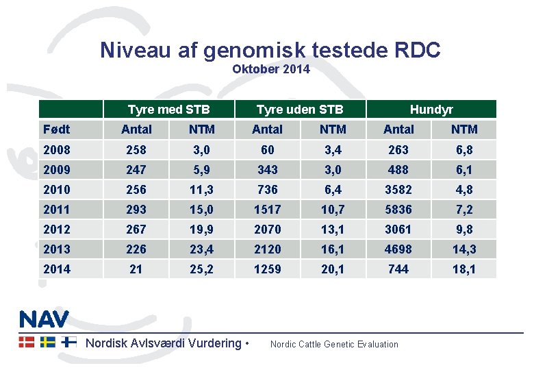 Niveau af genomisk testede RDC Oktober 2014 Tyre med STB Tyre uden STB Hundyr
