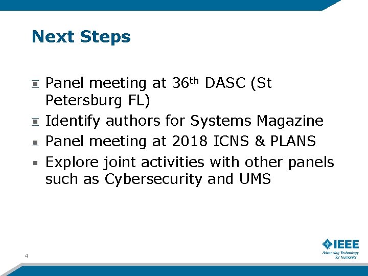 Next Steps Panel meeting at 36 th DASC (St Petersburg FL) Identify authors for