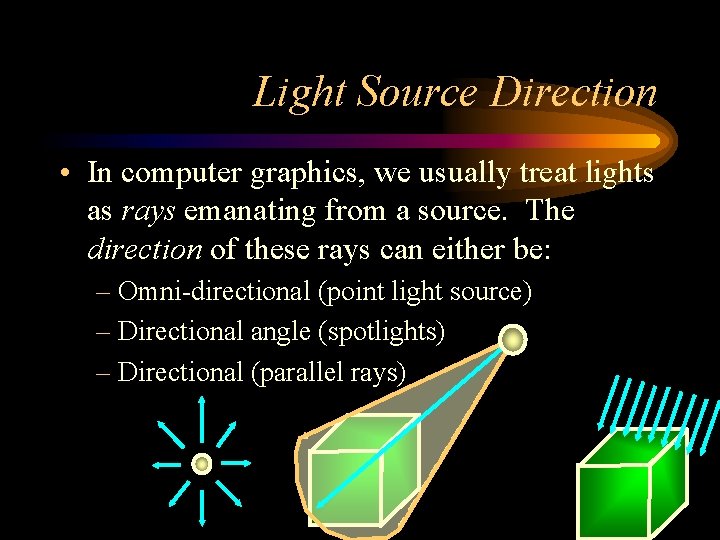 Light Source Direction • In computer graphics, we usually treat lights as rays emanating Light Source Direction • In computer graphics, we usually treat lights as rays emanating