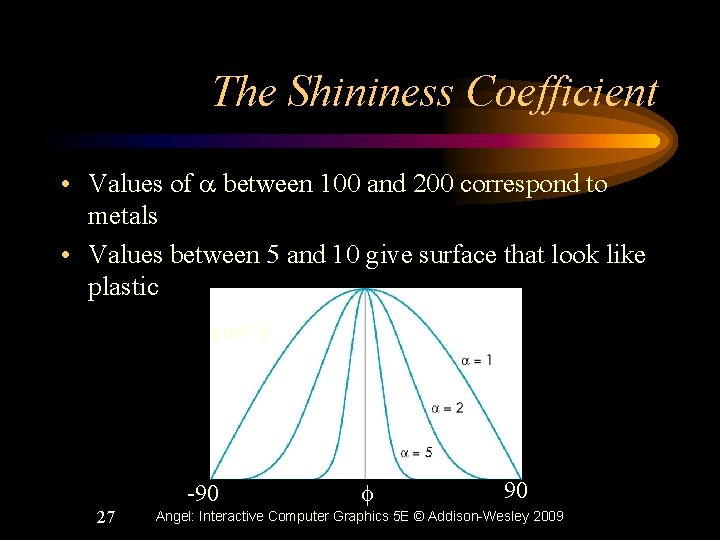 The Shininess Coefficient • Values of a between 100 and 200 correspond to metals