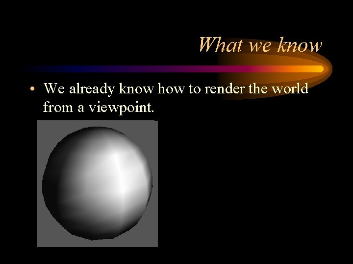 What we know • We already know how to render the world from a What we know • We already know how to render the world from a
