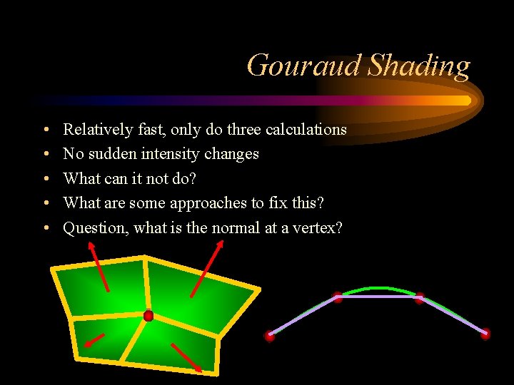 Gouraud Shading • • • Relatively fast, only do three calculations No sudden intensity